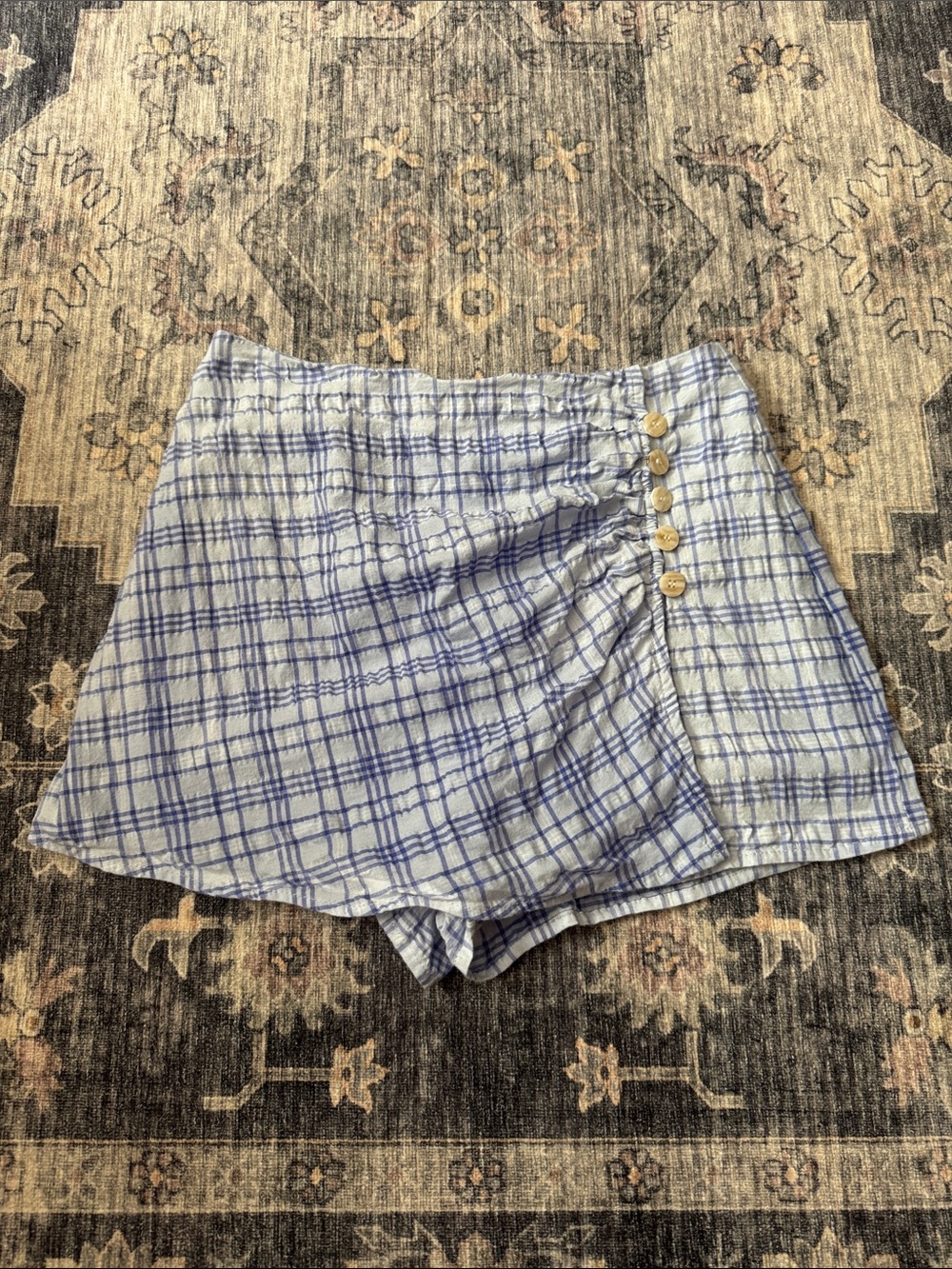 Forever 21 Light Blue and White Plaid Button-Accent Skort Shorts